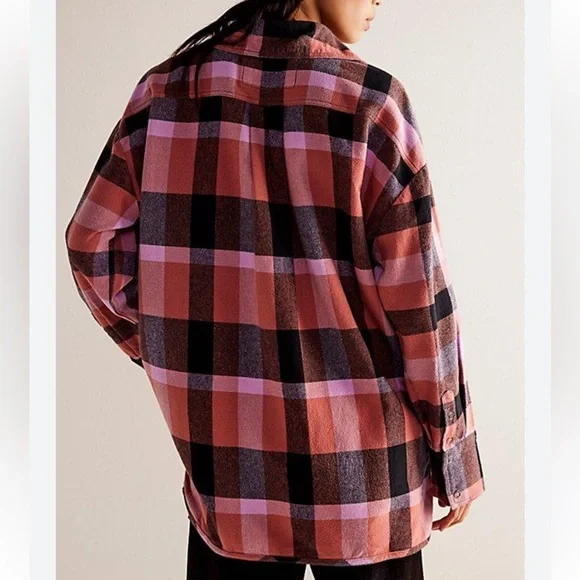 Free People Izzie Plaid Flannel Snap Front Shirt Shacket - Picture 2 of 3